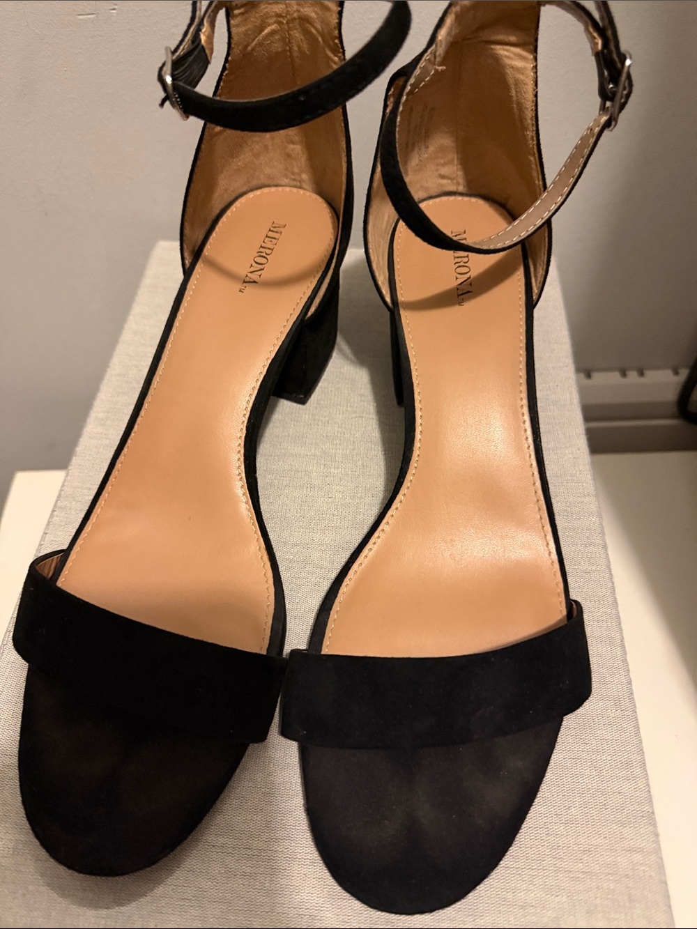 Merona Black Suede Open-Toe Ankle-Strap Block Heel Sandals